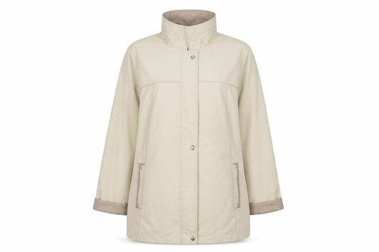 Front view of EWM women’s beige jacket coatigan, size UK 14