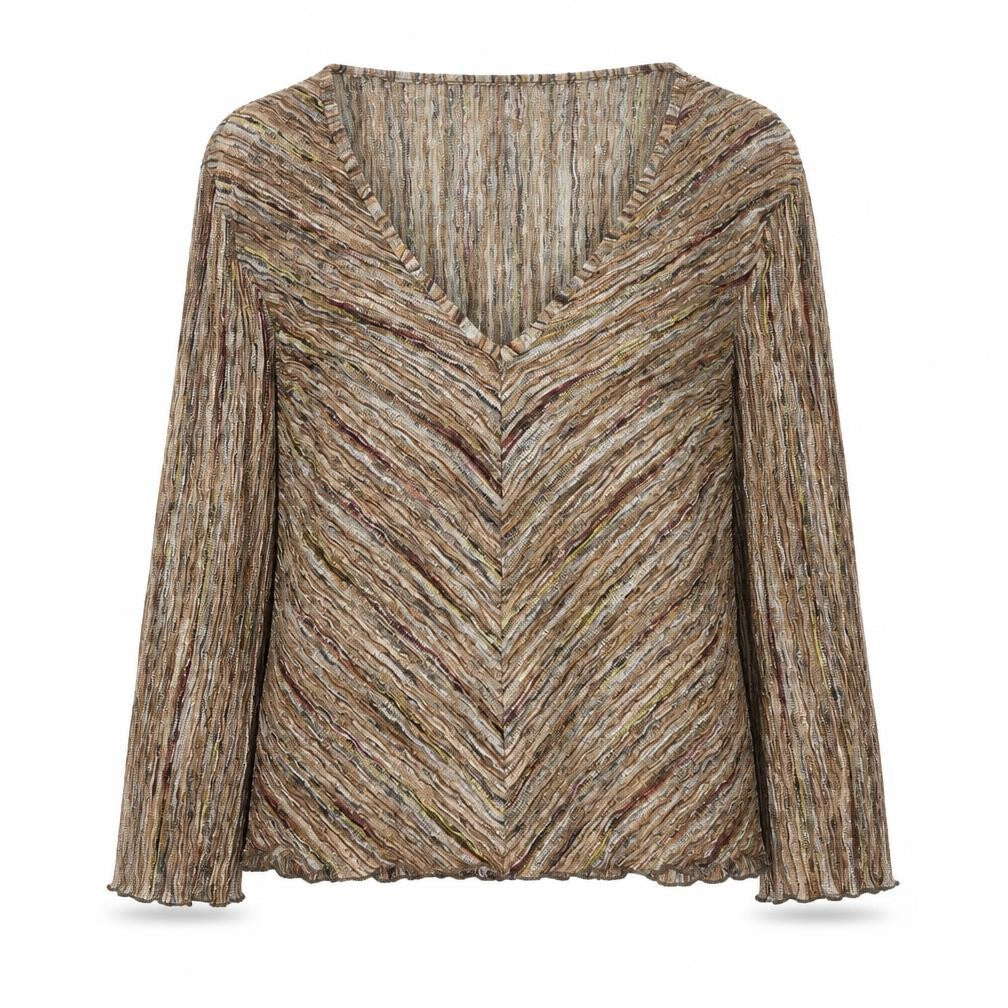 Front view of Country Casuals women’s gold polyester basic blouse, size L, v-neck