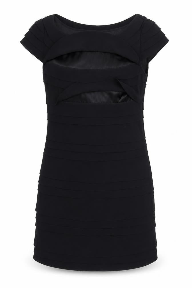 Front view of French Connection women’s black polyester bodycon, size UK 8, round neck