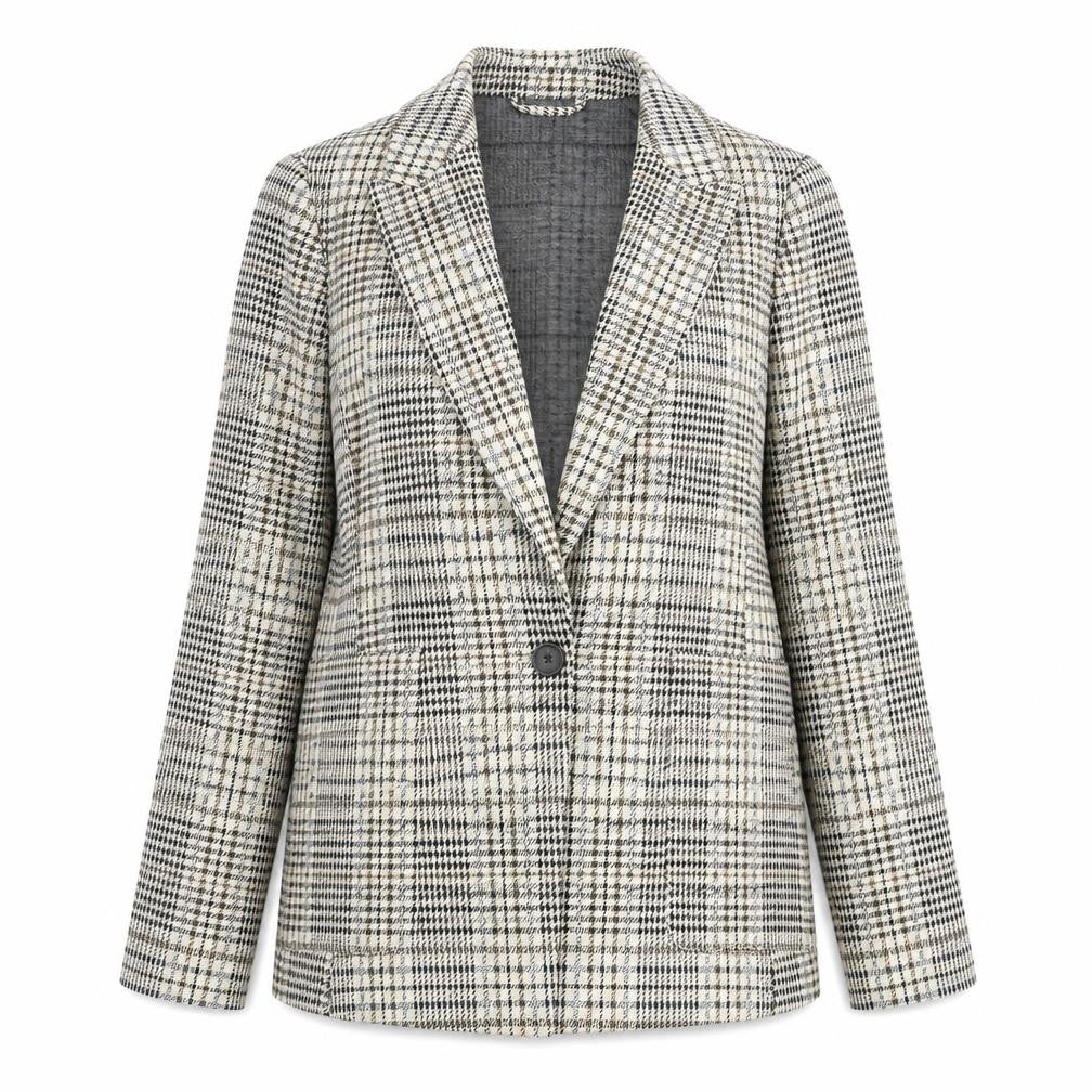 Front view of H&M women’s beige plaid jacket blazer, size UK 4, button
