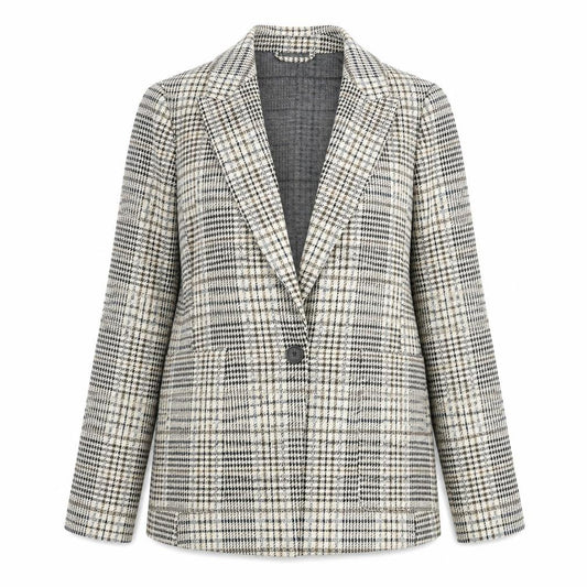 Front view of H&M women’s beige plaid jacket blazer, size UK 4, button