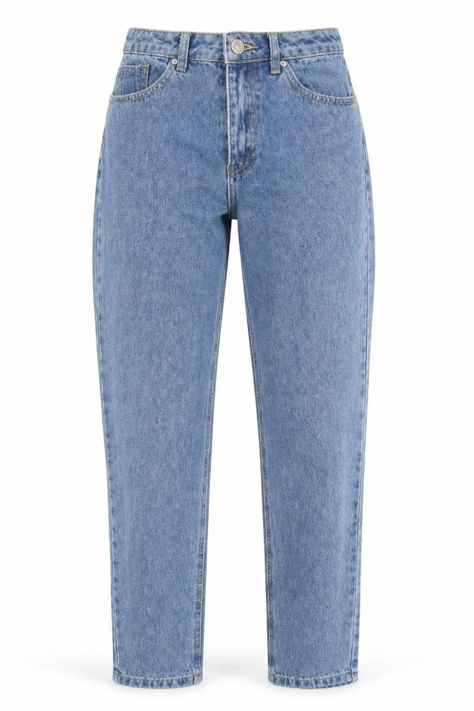 Front view of Missguided women’s blue cotton straight jeans, size UK 6, 29-inch leg regular button