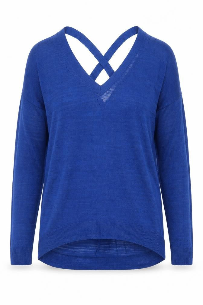 Front view of River Island women’s blue v-neck polyester jumper, size UK 10