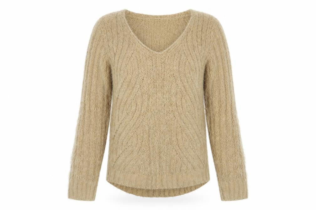 Front view of Marks & Spencer women’s beige v-neck polyester jumper, size M