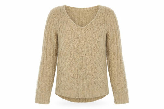 Front view of Marks & Spencer women’s beige v-neck polyester jumper, size M