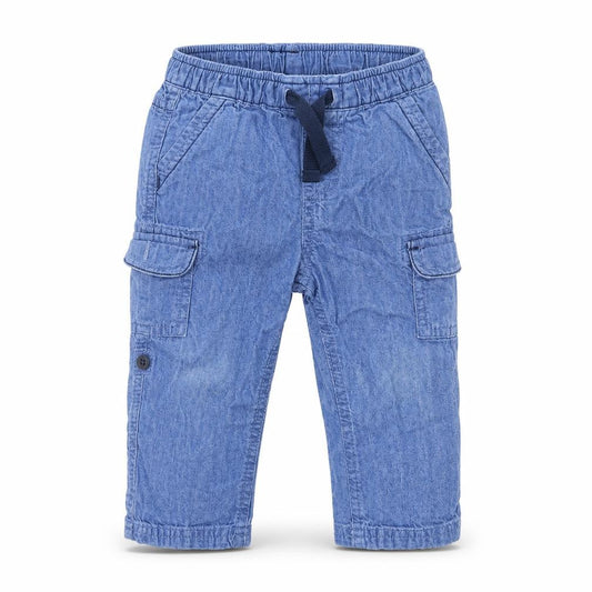 Front view of Baby Club Baby Blue Cotton Jogger Jeans, size 12, Months Drawstring