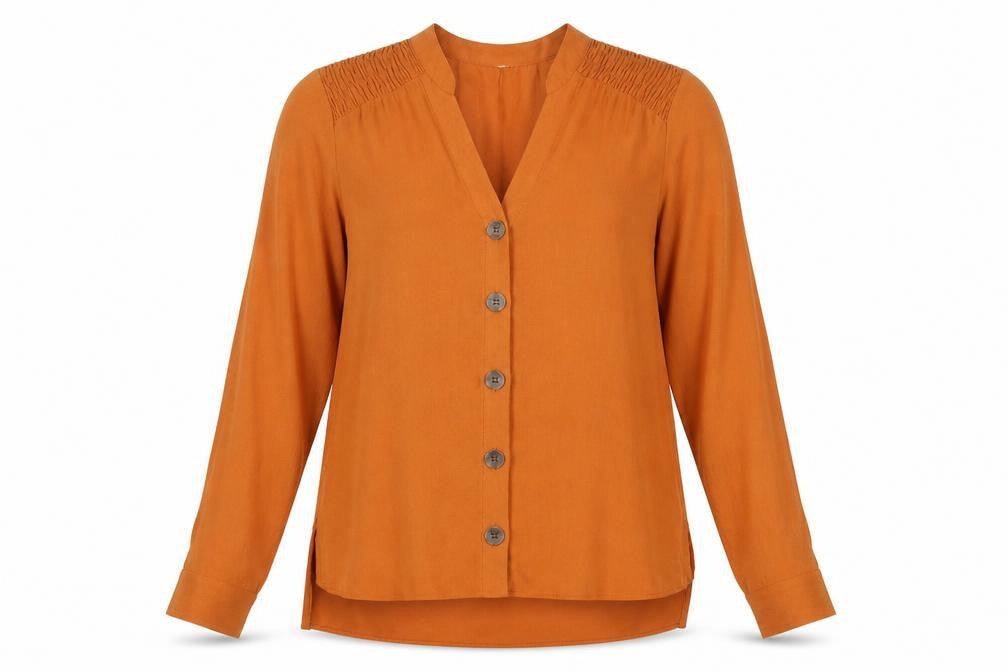 Front view of Papaya women’s orange polyester basic button-up, size UK 8, v-neck