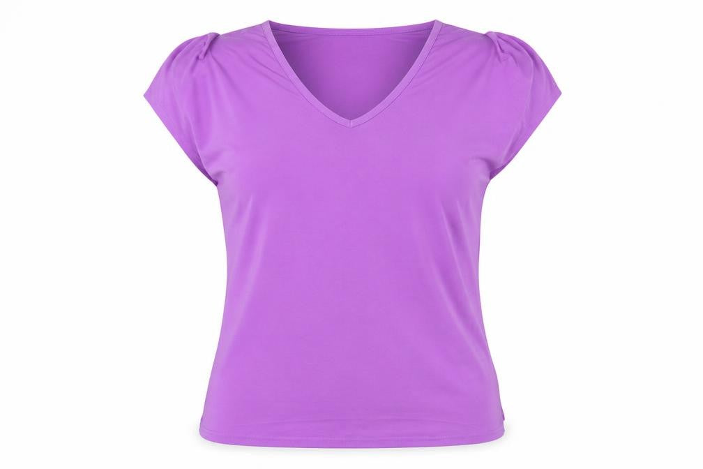 Front view of Michele Hope women’s purple polyester basic t-shirt, size UK 14, v-neck