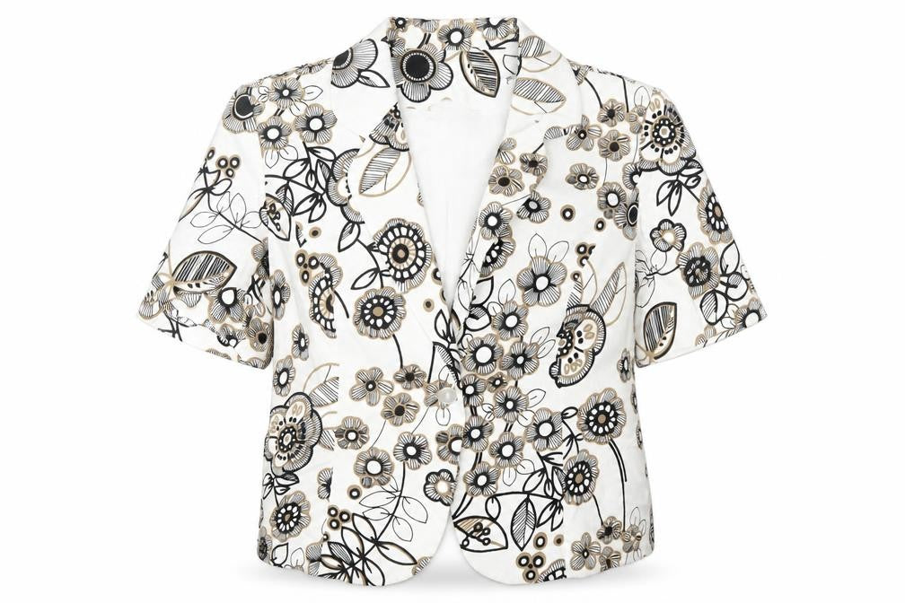 Front view of FOSBY women’s ivory floral jacket blazer, size UK 16, button