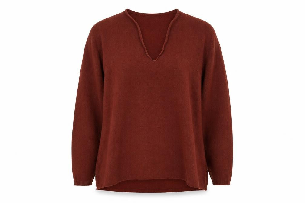Front view of Gallery women’s brown v-neck nylon jumper, size M