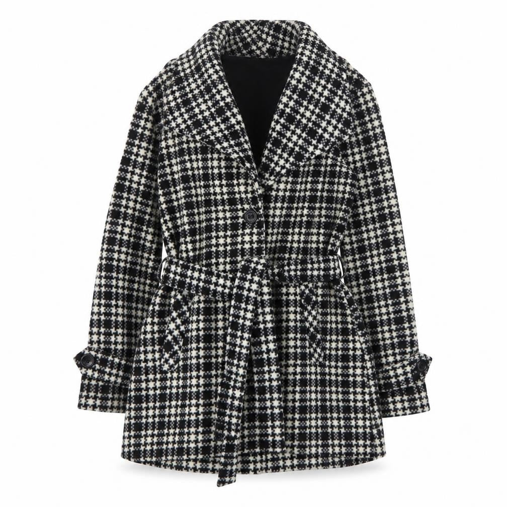 Front view of Eivissa women’s black houndstooth pea coat coat, size S, button