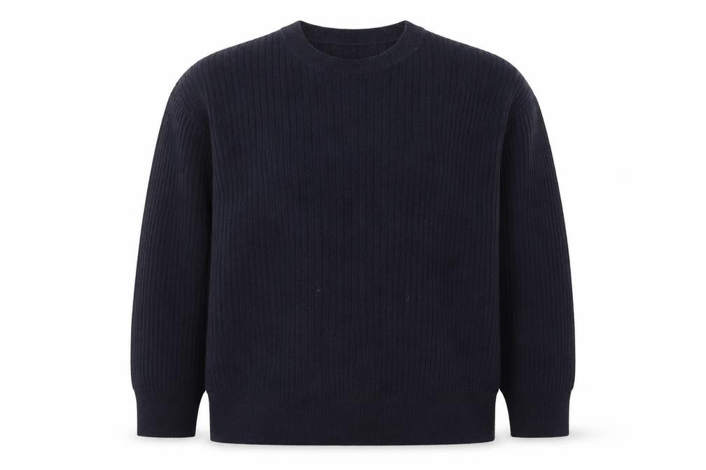 Front view of Marks & Spencer women’s blue round neck acrylic jumper, size UK 12