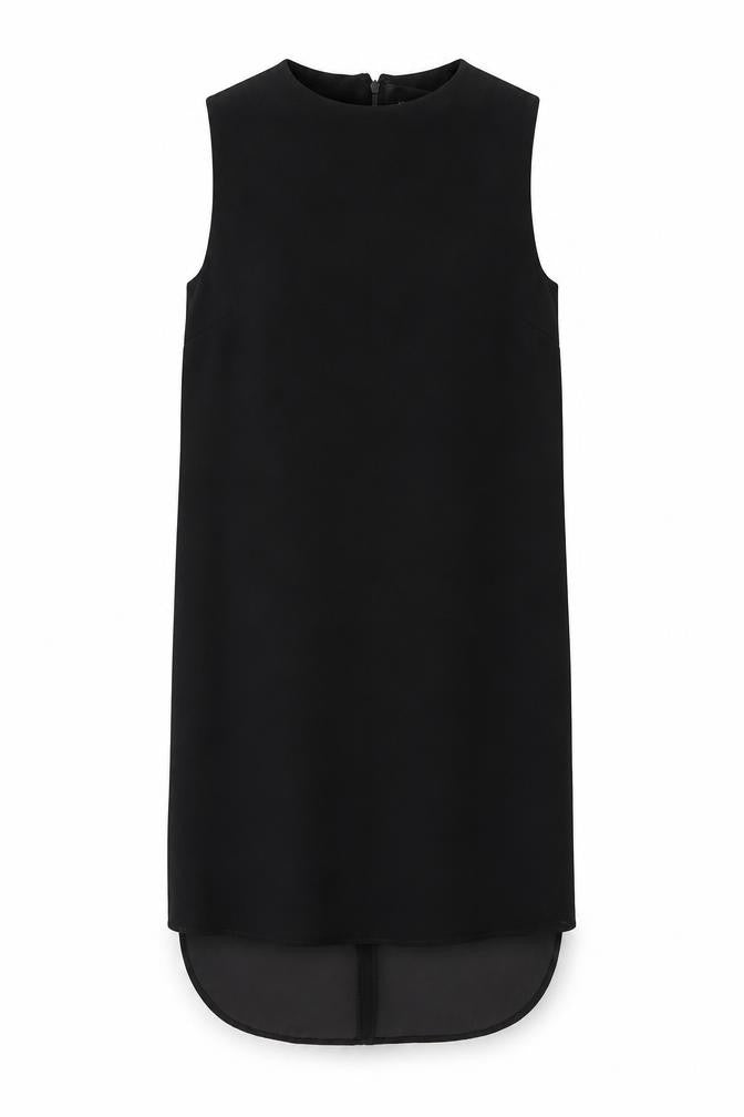 Front view of Topshop women’s black polyester tank dress, size UK 6, round neck pullover