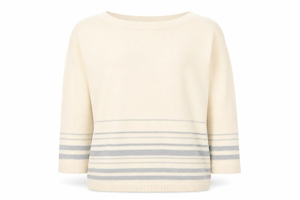Front view of Tru Collection women’s beige round neck striped acrylic jumper, size M