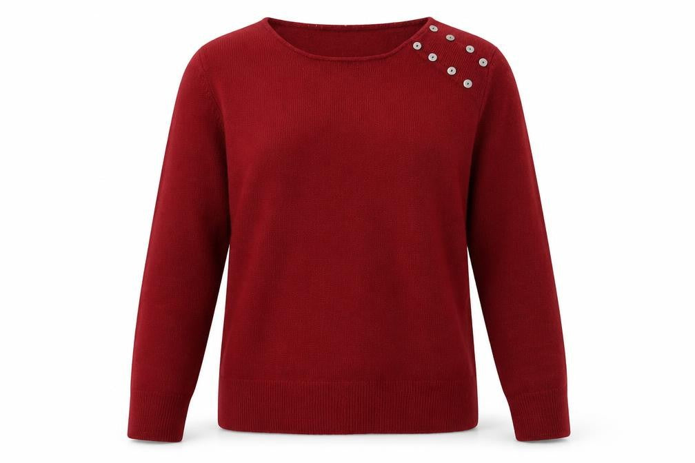 Front view of M&Co women’s red round neck acrylic jumper, size M