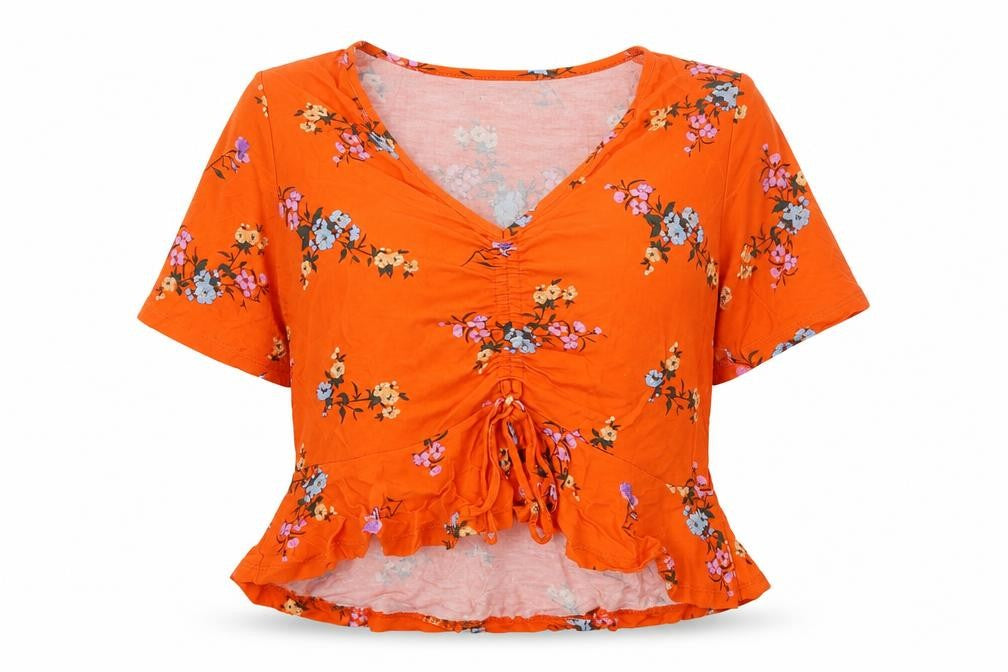 Front view of Primark women’s orange floral viscose basic blouse, size UK 12, v-neck