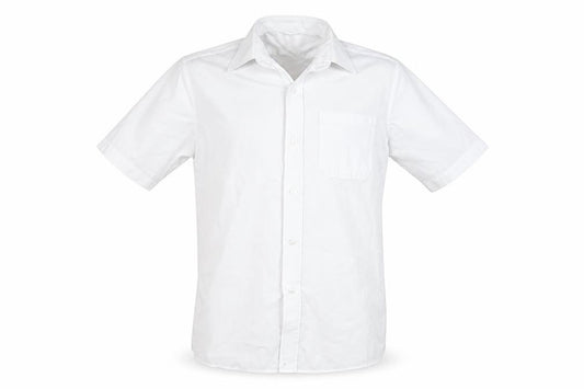 Front view of Banner men’s white polyester button-up, size 13.5 collared button