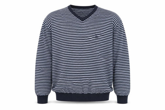 Front view of Debenhams men’s blue round neck striped cotton jumper, size 2XL