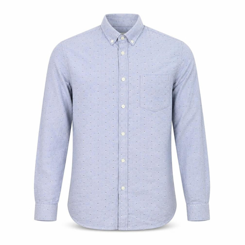 Front view of Burton men’s blue geometric cotton button-up, size S, collared button