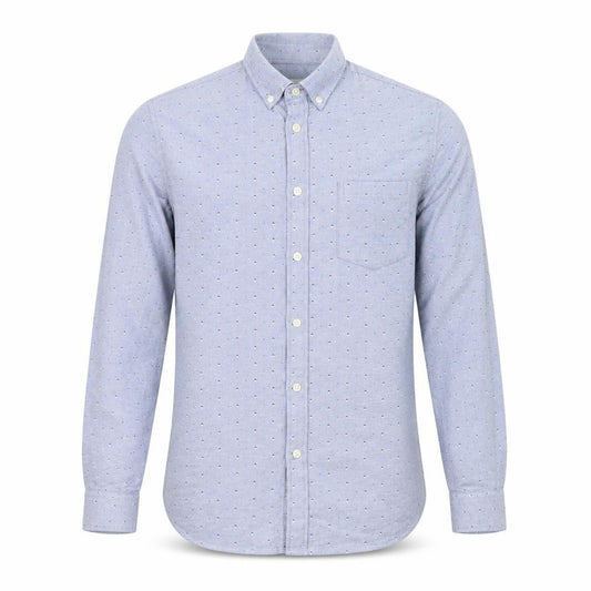 Front view of Burton men’s blue geometric cotton button-up, size S, collared button