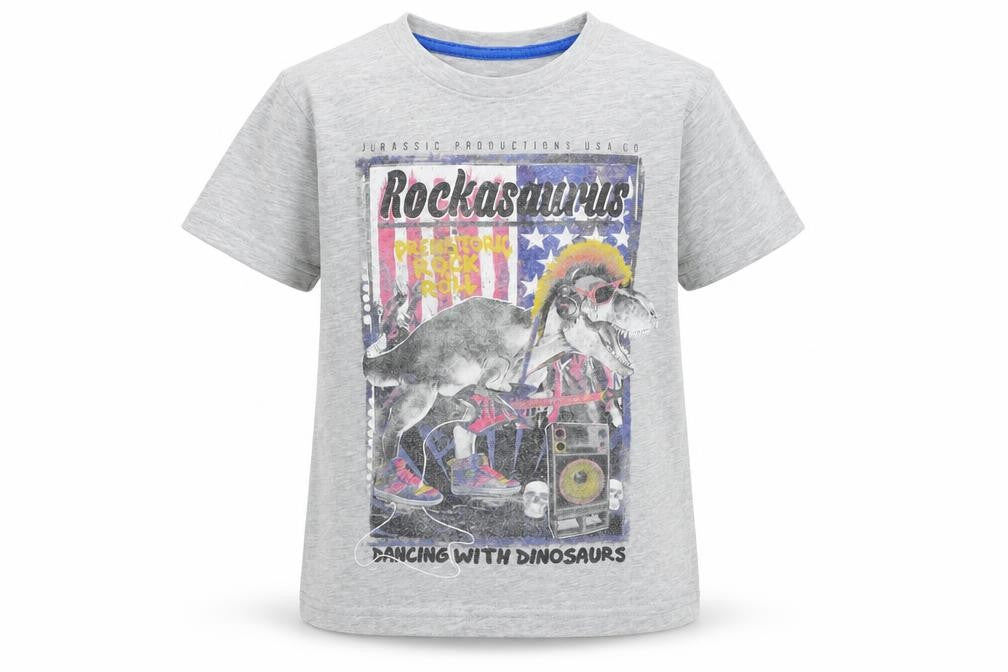 Front view of Dunnes boys’ grey cotton basic t-shirt, size 5, years round neck pullover - dinosaur