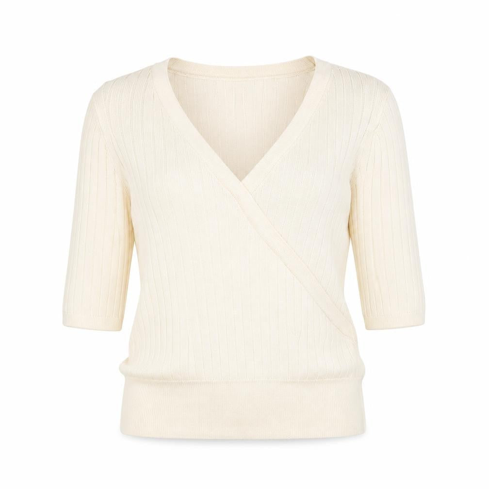 Front view of Marks & Spencer women’s beige v-neck viscose jumper, size UK 10