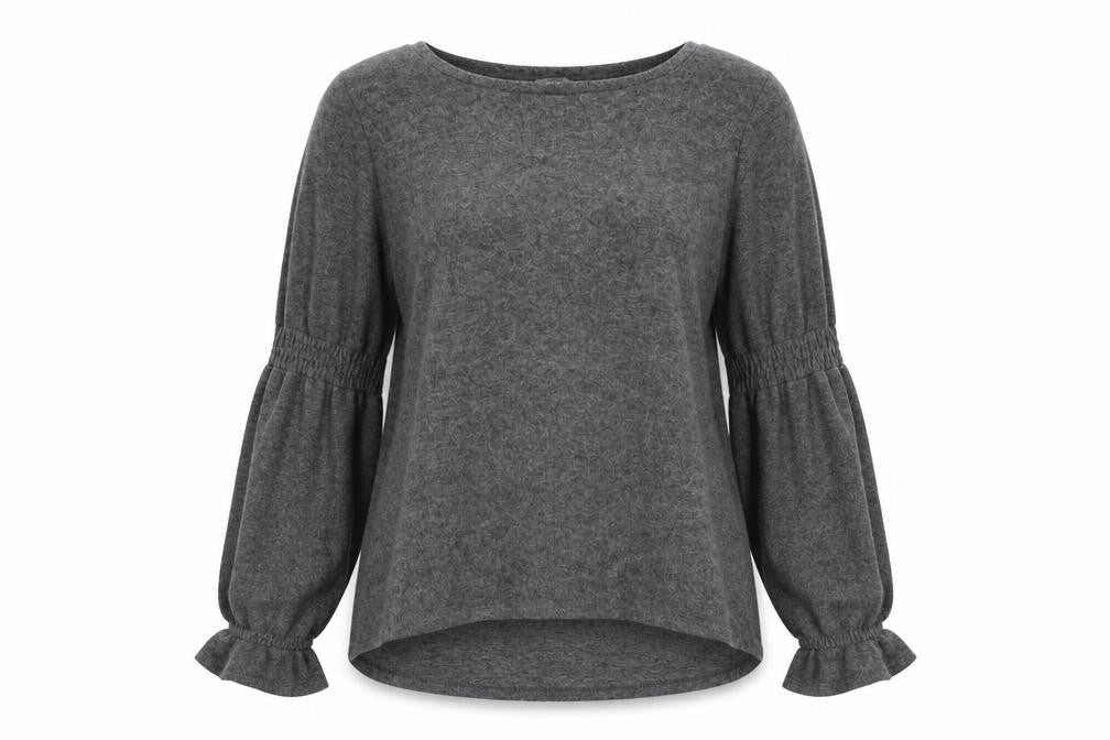 Front view of River Island women’s grey round neck polyester jumper, size UK 12