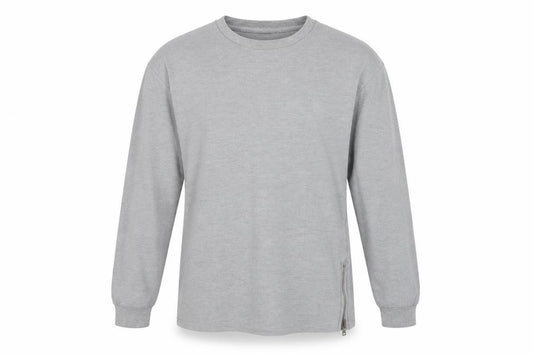 Front view of Topman men’s grey round neck cotton jumper, size L