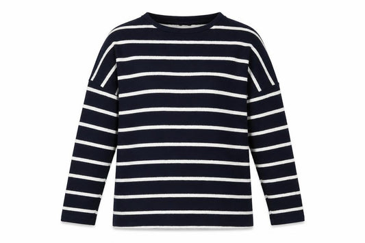 Front view of F&F women’s blue round neck striped viscose jumper, size UK 14