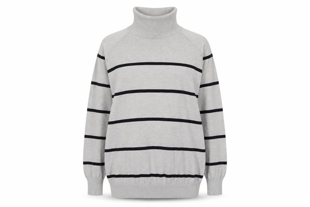 Front view of M&Co women’s grey roll neck striped viscose jumper, size UK 16
