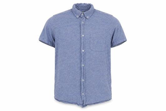 Front view of Dunnes men’s blue cotton button-up, size S, collared