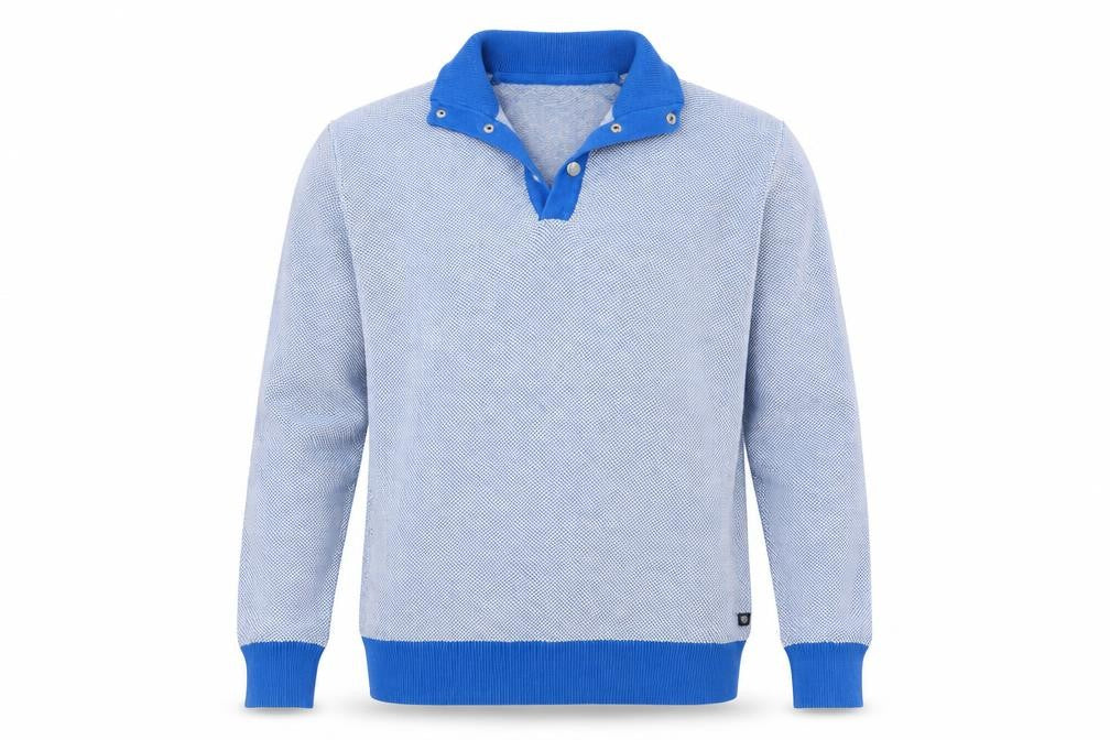 Front view of Giovanni Galli men’s blue collared cotton jumper, size L