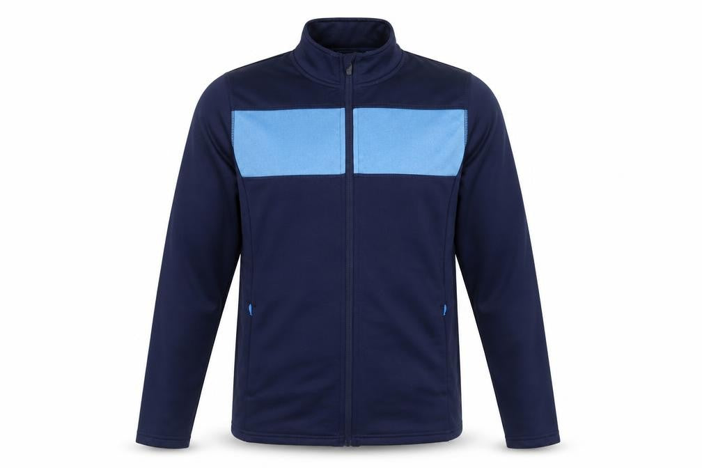 Front view of Crivit men’s blue high neck polyester full zip jumper, size L