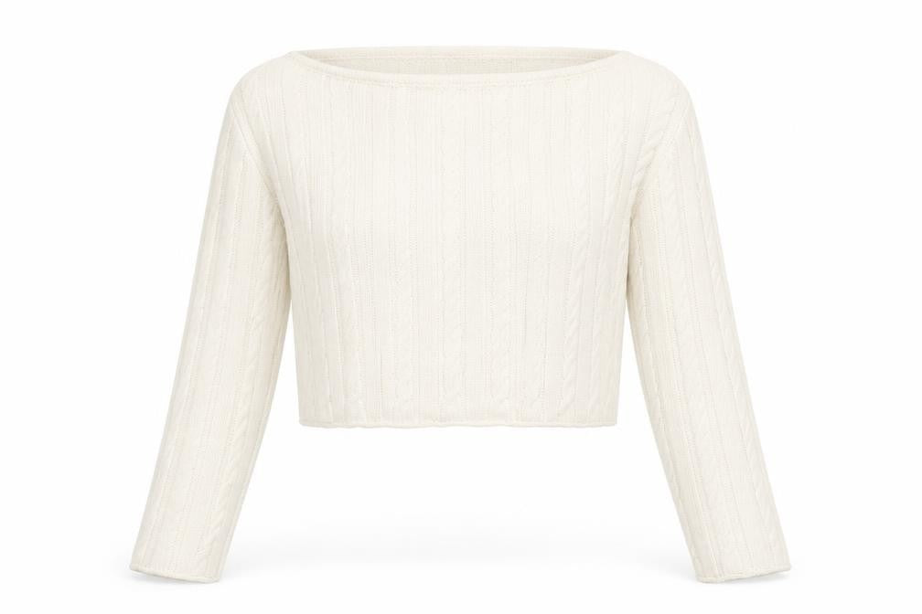 Front view of ASOS women’s white round neck acrylic jumper, size UK 12