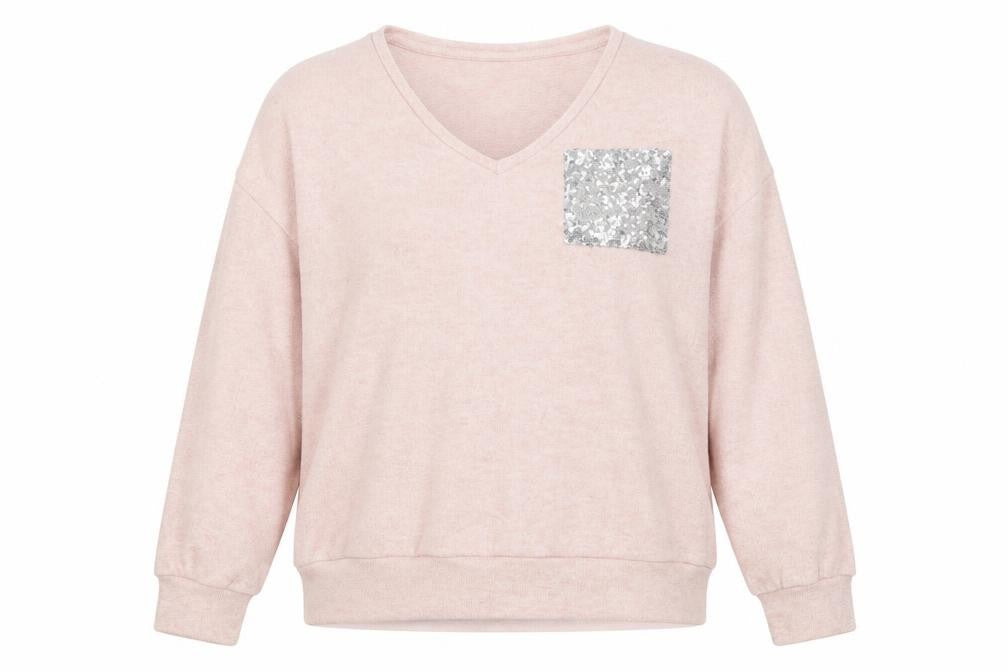 Front view of Wallis women’s pink v-neck viscose jumper, size UK 12