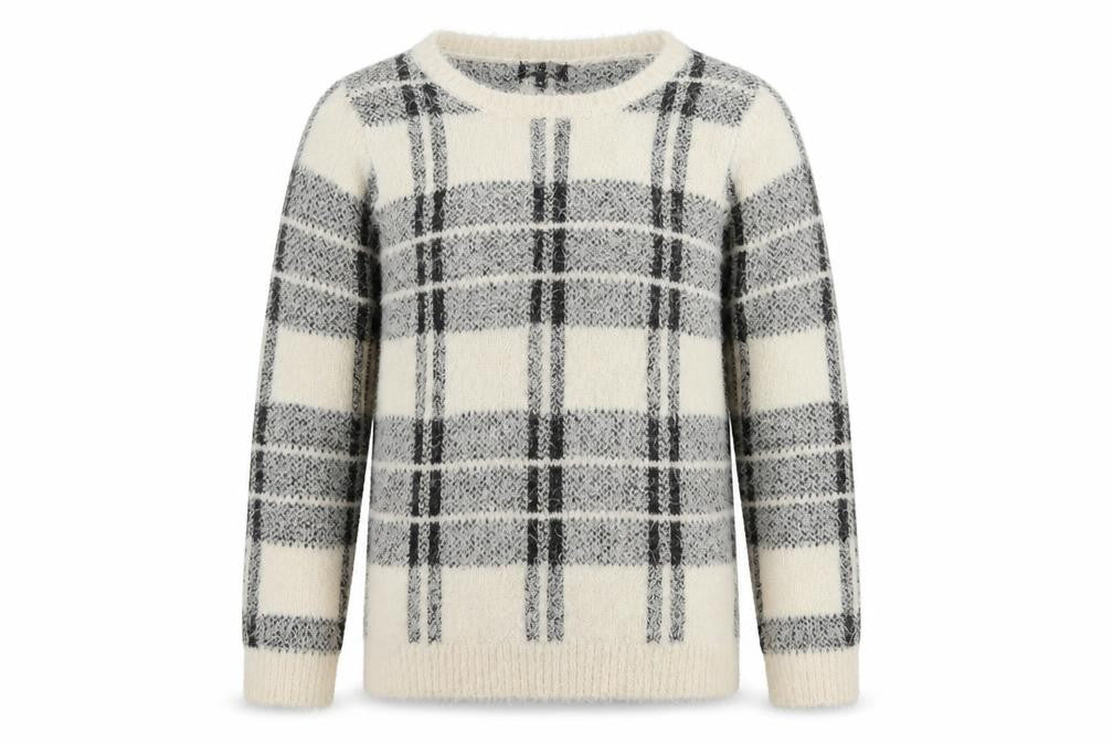 Front view of New Look women’s grey round neck plaid acrylic jumper, size UK 14