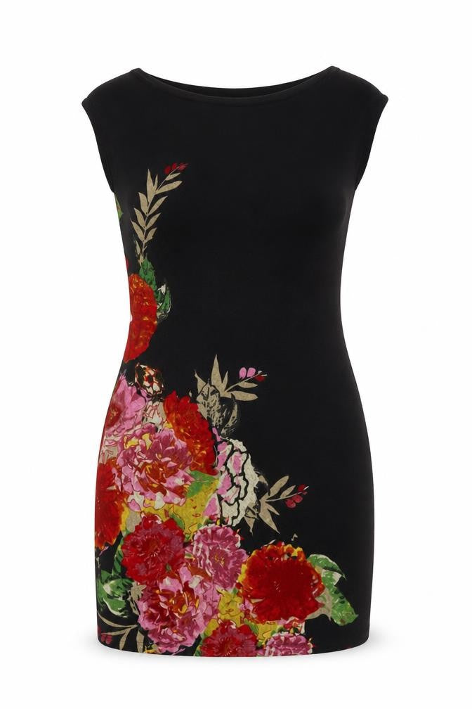 Johnny Martin Womens Black Floral Polyester A-Line  Size M  Round Neck