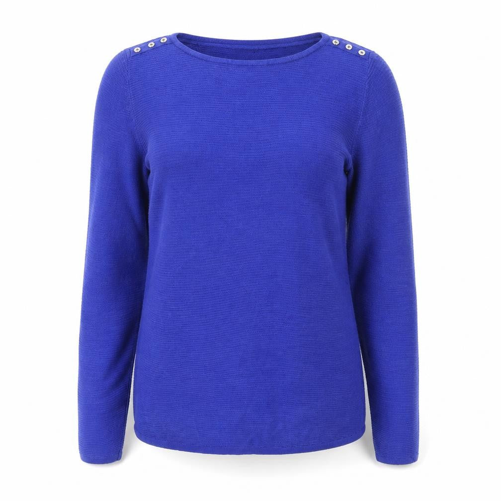 Front view of Bonmarché women’s blue round neck acrylic jumper, size UK 10