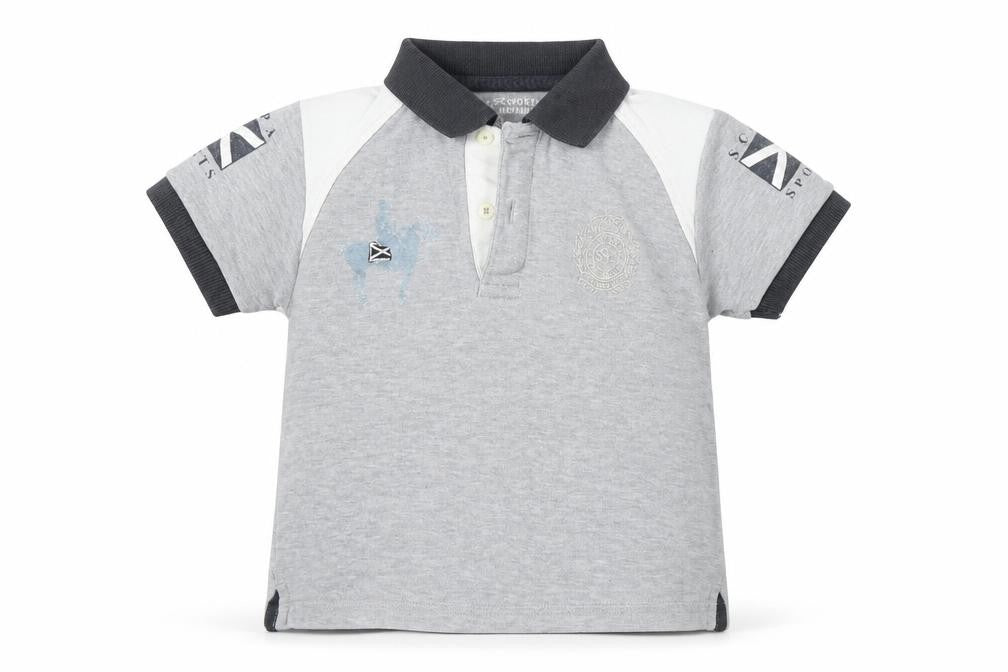 Front view of Scapa Sports boys’ grey cotton basic polo, size 2, years collared button