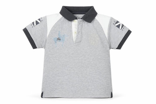 Front view of Scapa Sports boys’ grey cotton basic polo, size 2, years collared button