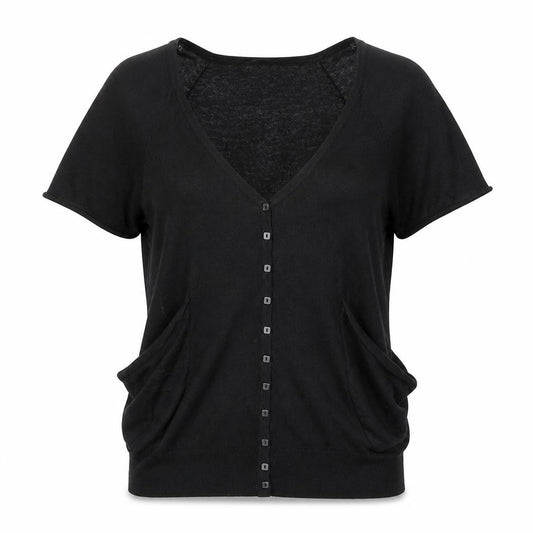Front view of Dorothy Perkins women’s black v-neck viscose jumper, size UK 12