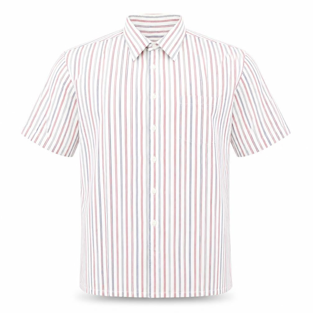 Front view of MOnterattin men’s multicoloured striped polyester polo, size 16, collared button