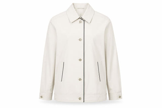 Front view of David Barry women’s beige jacket, size UK 10, button