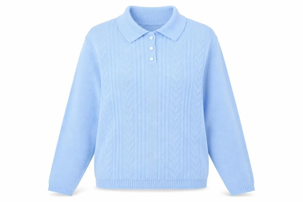 Front view of In Stitches women’s blue collared acrylic jumper, size M