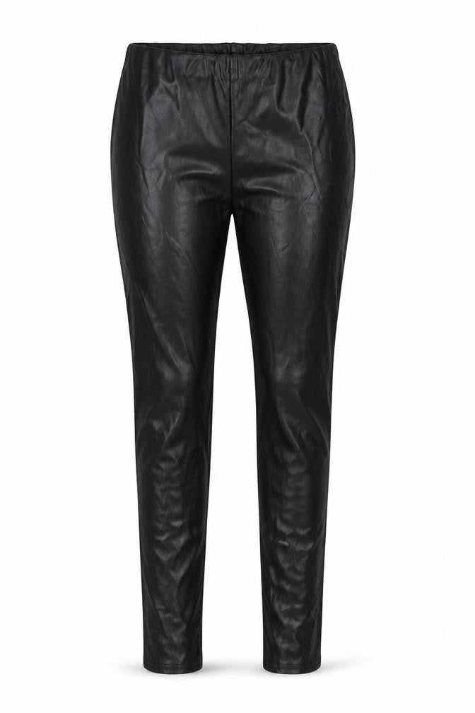 Front view of PRETTYLITTLETHING women’s black polyurethane jegging trousers, size UK 8, 35-inch leg regular