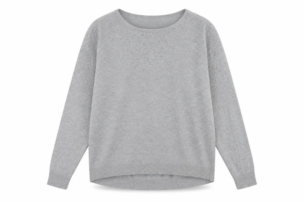 Front view of Casamia women’s grey crew neck viscose jumper, size M