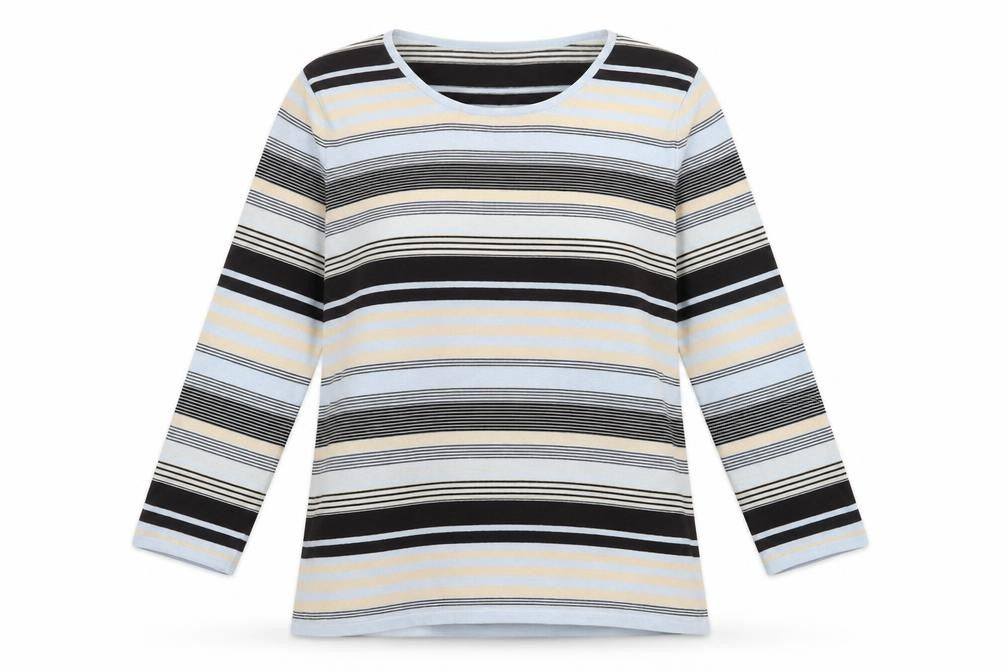 Front view of Preworn women’s blue crew neck striped viscose jumper, size L