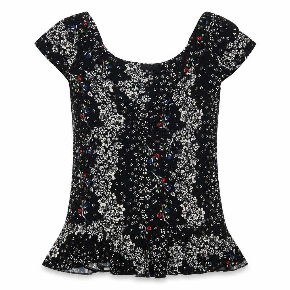 Front view of River Island women’s black floral viscose basic t-shirt, size UK 8, v-neck