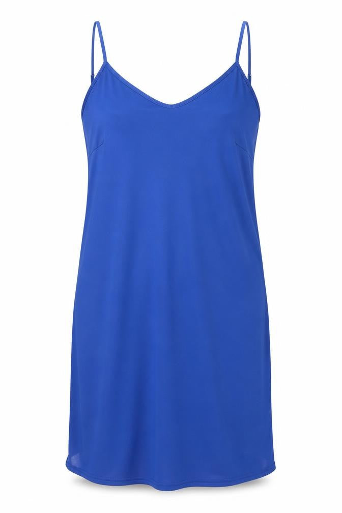 Front view of Nightingales women’s blue polyamide shift, size UK 14, round neck