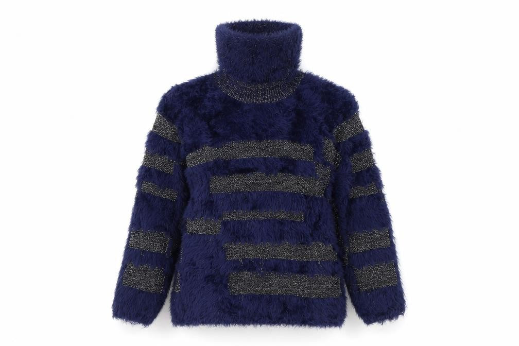 Front view of Preworn women’s blue high neck polyamide jumper, size S